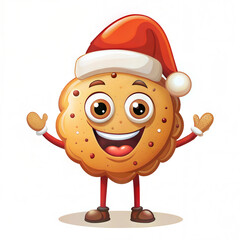 Cheerful cartoon cookie character wearing a Santa hat with a friendly smile on a white background
