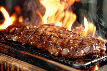 Wall Mural - Sizzling steak cooking over open flames, mouth-watering aroma