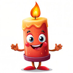 Wall Mural - Cheerful cartoon candle character with a friendly smile and flame on a white background