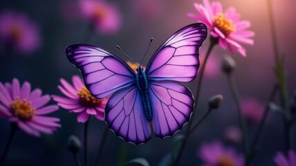 Wall Mural - A purple butterfly is sitting on a purple flower