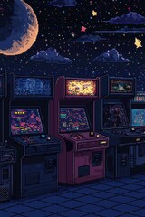 Wall Mural - Retro Arcade Pixel Art Night Scene with Moon and Stars