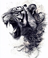 Canvas Print - A fierce tiger's head roaring, intricately designed with swirling patterns and textures.