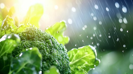 Wall Mural - A close up of a green broccoli with raindrops on it