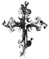 Sticker - A decorative black and white cross design with swirling patterns.