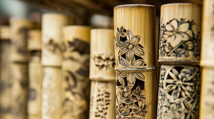 Canvas Print - Intricate Carved Bamboo Crafts with Floral Designs