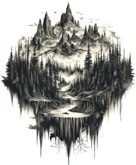 Wall Mural - A surreal landscape featuring mountains, forests, and a river, blending nature and imagination.