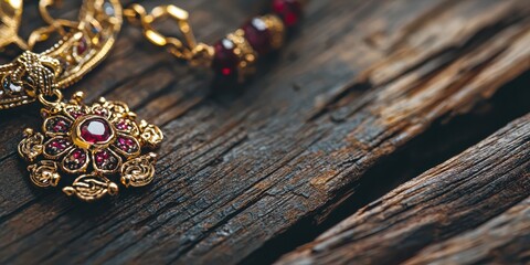 Wall Mural - Gold Necklace with Red Gemstones on Rustic Wooden Background