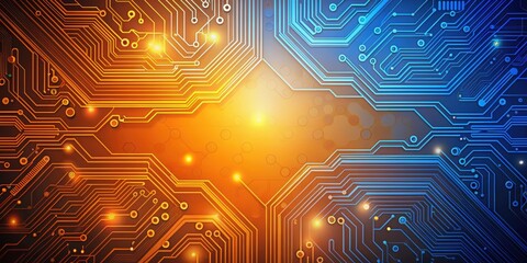 Orange and blue technology background with circuit board design and code, orange, blue, technology, background
