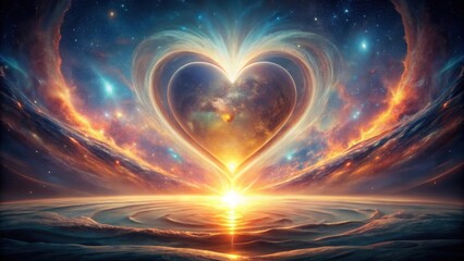 Wall Mural - ethereal heart-shaped cosmic form radiating warmth and light in surreal landscape, ethereal, heart-s