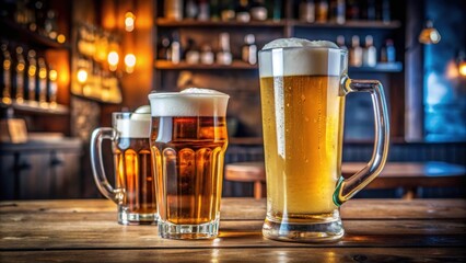 Wall Mural - A cinematic shot of a glass of beer on a table with a pitcher of cold beer on a bar counter in ultra high definition detail, beer