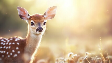 A deer with white spots on its face is standing in a field