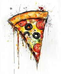 Sticker - A colorful illustration of a pizza slice with toppings and drips, showcasing a playful design.