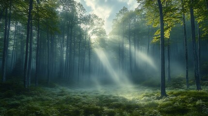 Canvas Print - mysterious foggy forest towering trees soft light filtering through the mist