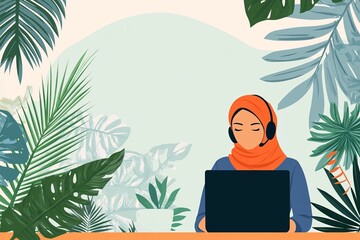 A woman wearing a hijab and headphones works on her laptop in a tropical setting.