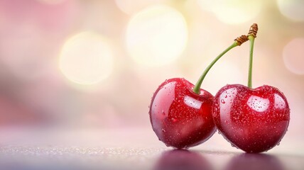 Two cherries are sitting on a table