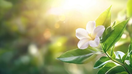 Canvas Print - A white flower with green leaves is in the foreground