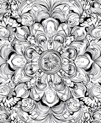 Poster - A detailed black and white floral mandala design for coloring or artistic purposes.