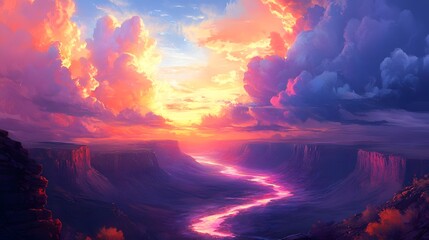 Wall Mural - A serene landscape with a river of light flowing through a canyon, under a sky filled with swirling clouds