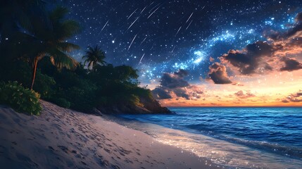Wall Mural - a tranquil beach with sand that sparkles like diamonds, under a sky filled with shooting stars