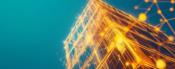 Wall Mural - Digital Network Grid Overlaid on a Skyscraper Connecting Different Business Nodes with Glowing Lines