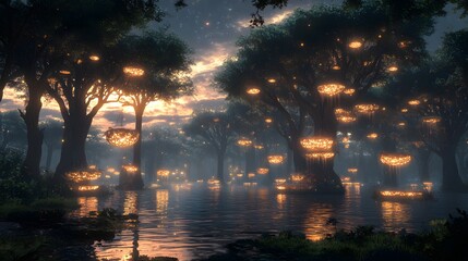 A tranquil forest with trees that have glowing leaves, under a sky filled with floating islands