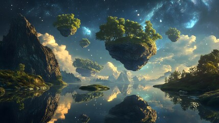 A tranquil river flowing through a landscape with floating islands, under a sky filled with stars