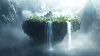 A floating island with a waterfall that flows into the sky, surrounded by mist and light