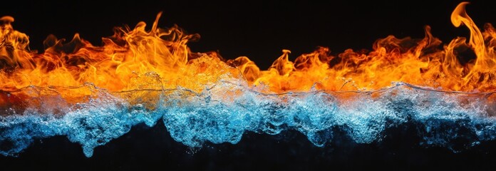 Poster - A horizontal rectangular frame made of fire and water, with flames on the top and blue liquid flowing down