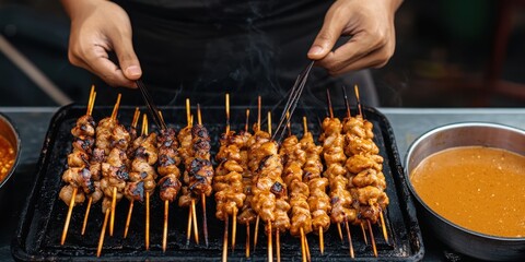 Closeup of Grilled Chicken Satay Skewers with Peanut Sauce