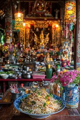 Sticker - Asian Noodle Salad Offering at Temple with Flowers and Lanterns