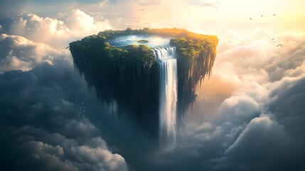 Wall Mural - A floating island with a waterfall that flows into the sky, surrounded by mist and light