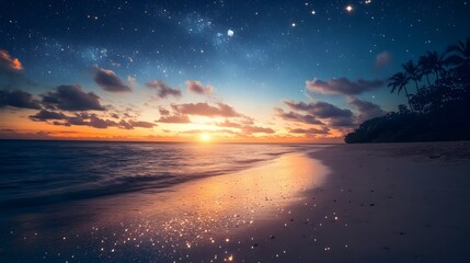 Wall Mural - a tranquil beach with sand that sparkles like diamonds, under a sky filled with shooting stars