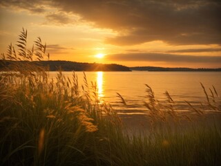 Wall Mural - moody Grass on the shore of the lake at sunset