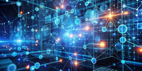 Futuristic technology background featuring programming code, holograms, and network connections, futuristic