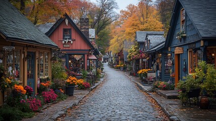 Canvas Print - charming small town street quaint shops colorful flowers and cobblestone roads
