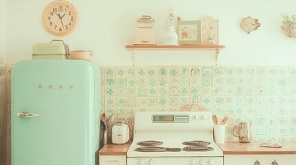 Poster - Vintage Kitchen Interior with Green Refrigerator  Stove  and Tile Backsplash