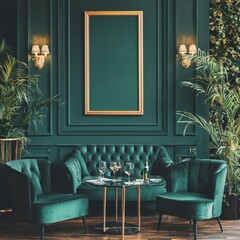 Elegant Green Velvet Armchairs and Coffee Table with Gold Frame in Luxury Interior