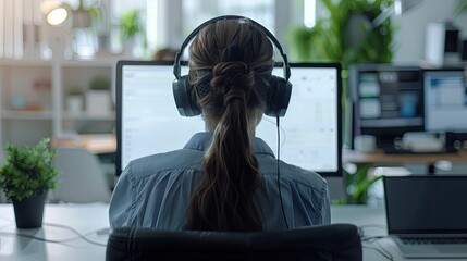 Woman wearing headphones sitting at a desk in front of a computer