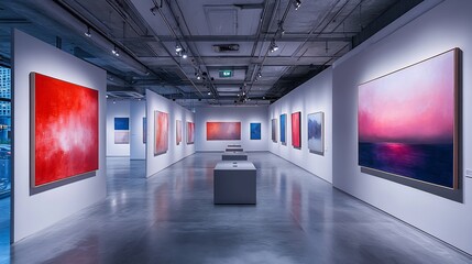 Canvas Print - modern art gallery abstract paintings on the walls soft lighting and clean design