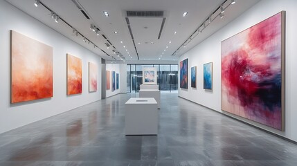 Canvas Print - modern art gallery abstract paintings on the walls soft lighting and clean design