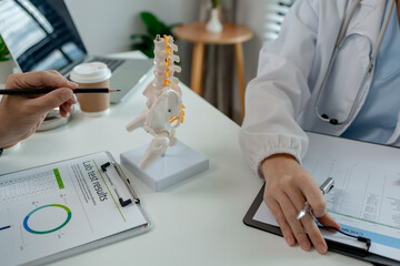 Wall Mural - two surgeons are sitting in a private office at a hospital discussing an upcoming major pelvic surgery, there was a discussion between the two doctors about the pelvic before the surgery, stethoscope