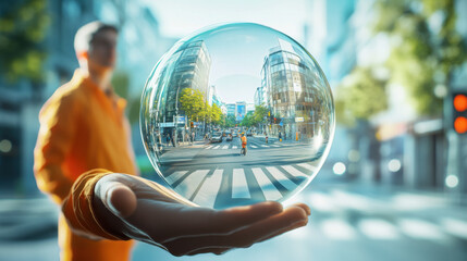 Wall Mural - A man standing in a laboratory wearing orange work clothes, the focus is on the glass orb in his hands, inside the glass orb is an image of a downtown intersection with green surroundings