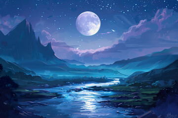 Wall Mural - a beautiful night sky with a large moon and a river, generative ai image,