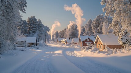 Canvas Print - crisp winter morning a snowy village with smoke rising from chimneys and frosty trees