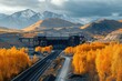 © herman - A high-definition photo of a mining scene in autumn, featuring a long flat beltway with yellow trees