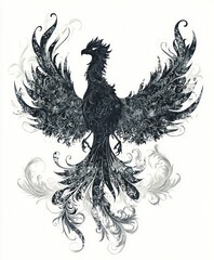 Sticker - A stylized black phoenix with intricate designs and flourishes.