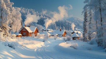 Canvas Print - crisp winter morning a snowy village with smoke rising from chimneys and frosty trees