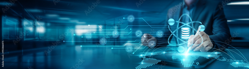 Data science. Businessman drawing global structure networking data ...
