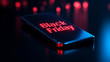 © Kuo - Black smartphone with 'Black Friday' text on the screen, isolated on a dark background with a red light and blue glow, close-up view.