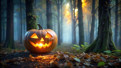 Wall Mural - A spooky jack-o'-lantern glowing in a dark, eerie forest, pumpkin, halloween, jack-o'-lantern, creepy, spooky, glow, forest